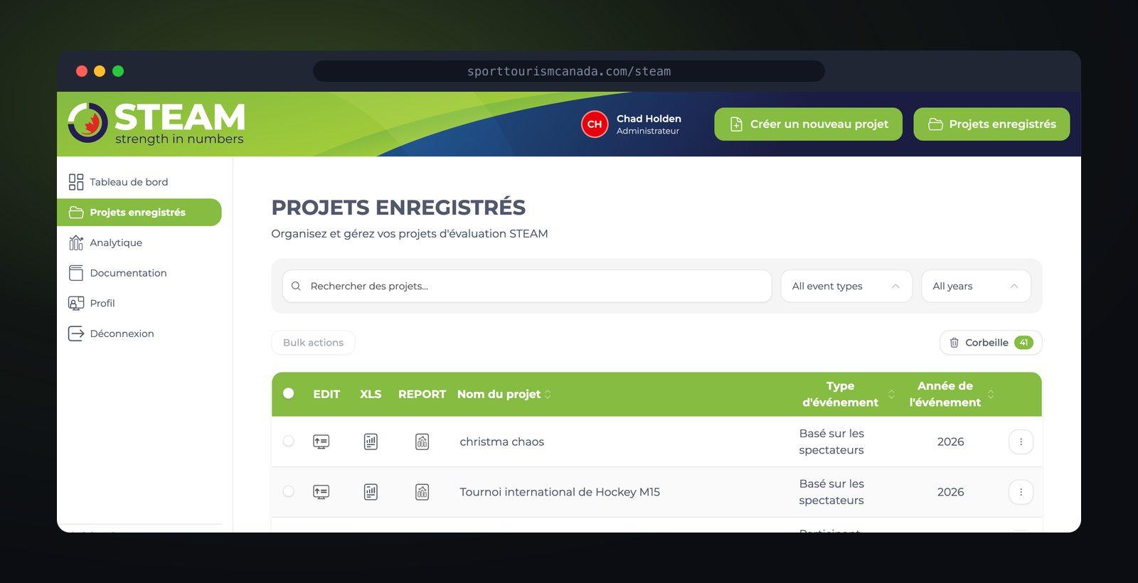 STEAM saved-projects list, French interface (bilingual)